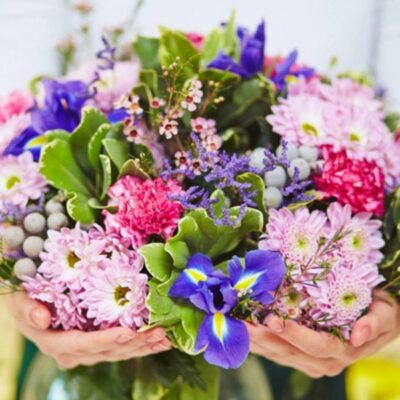 BQ019 Bouquet-Mums-Iris-Carnations-Waxflowers