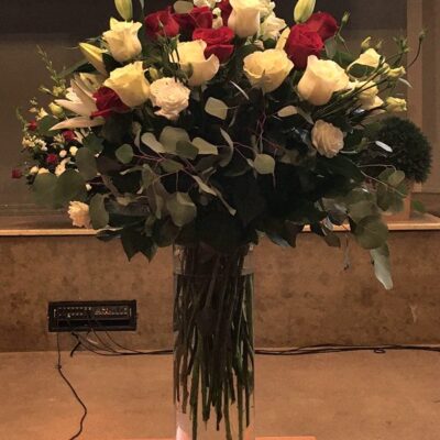 SA022-Red White Roses Sympathy Arrangement